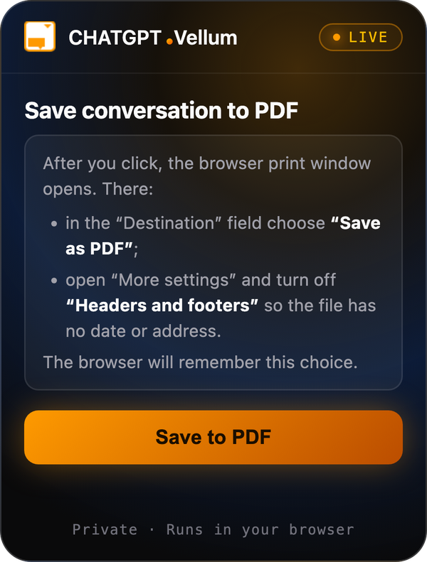 The CHATGPT.Vellum popup: a Save to PDF button and a short note about the print window.