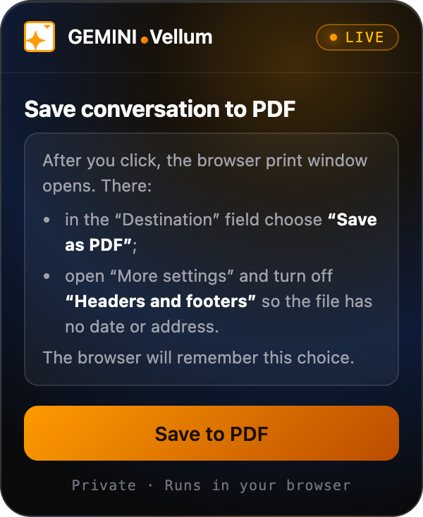The GEMINI.Vellum popup: a Save to PDF button and a short note about the print window.
